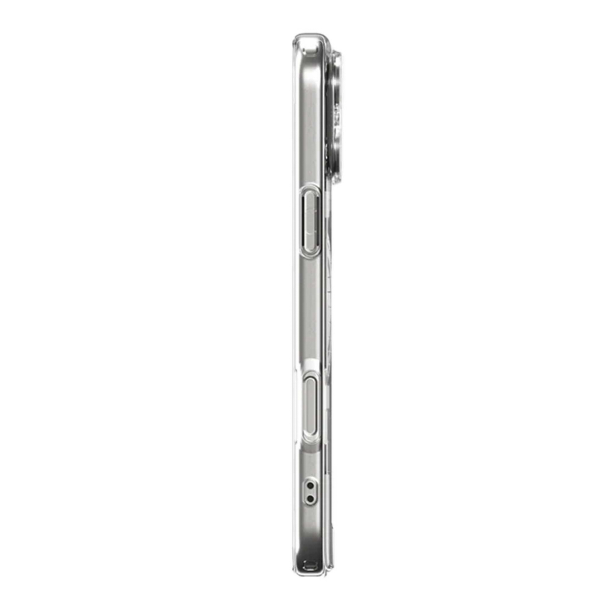 Une coque de téléphone transparente est sur le côté droit. La coque a des découpes pour les boutons et une ouverture pour l'appareil photo. Le fond est blanc.