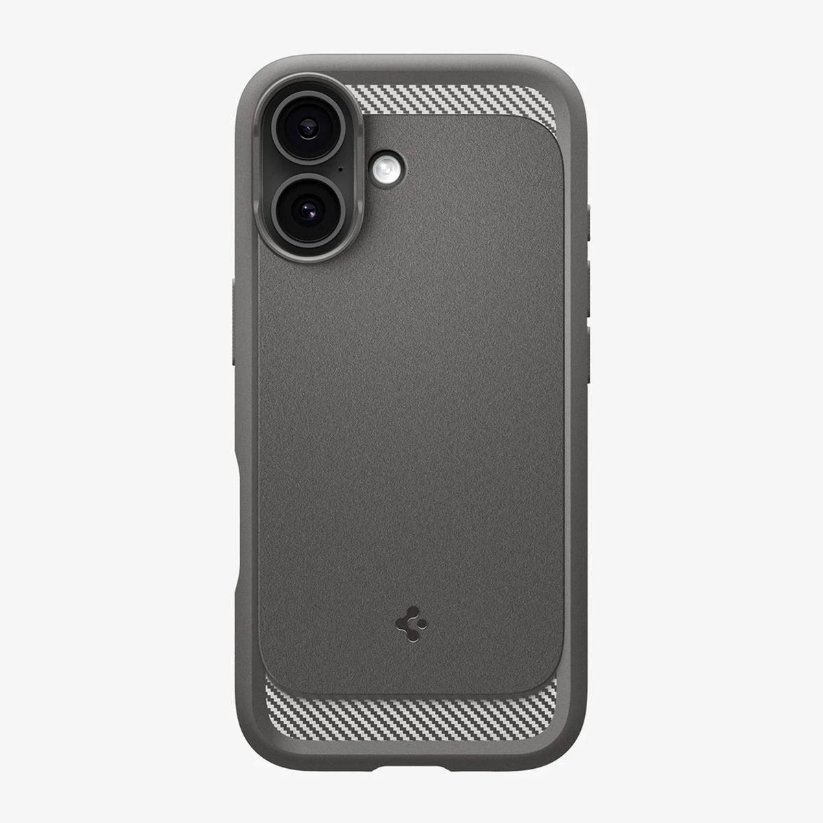 Een donkergrijze telefoonhoes met twee cameralenzen en een flitser. De hoes heeft een getextureerde achterkant met een patroonaccent.
