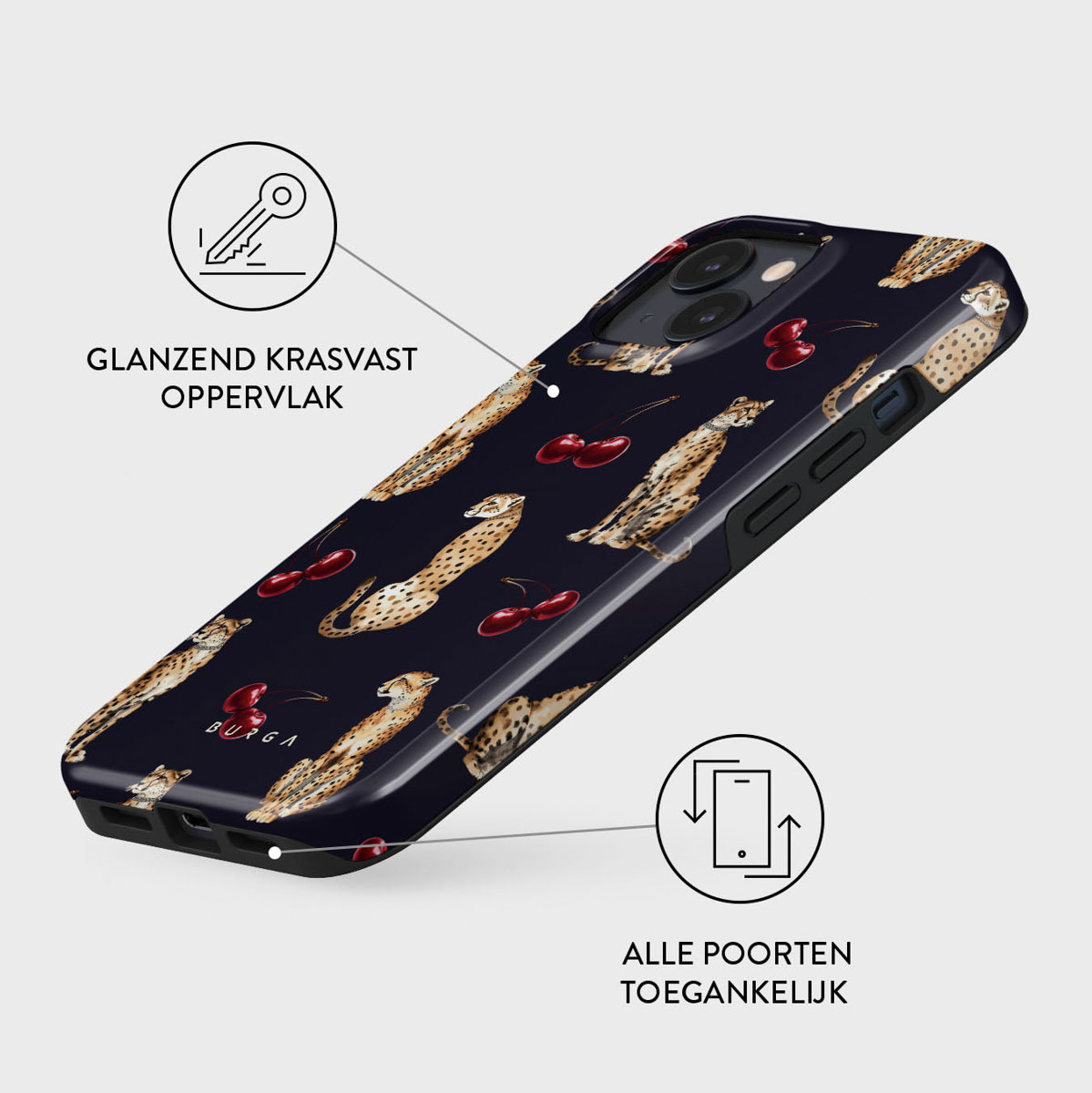 Telefoonhoesje met luipaard- en kersenpatroon op donkerblauwe achtergrond. Tekst: Glanzend Krasvast Oppervlak en Alle Poorten Toegankelijk.