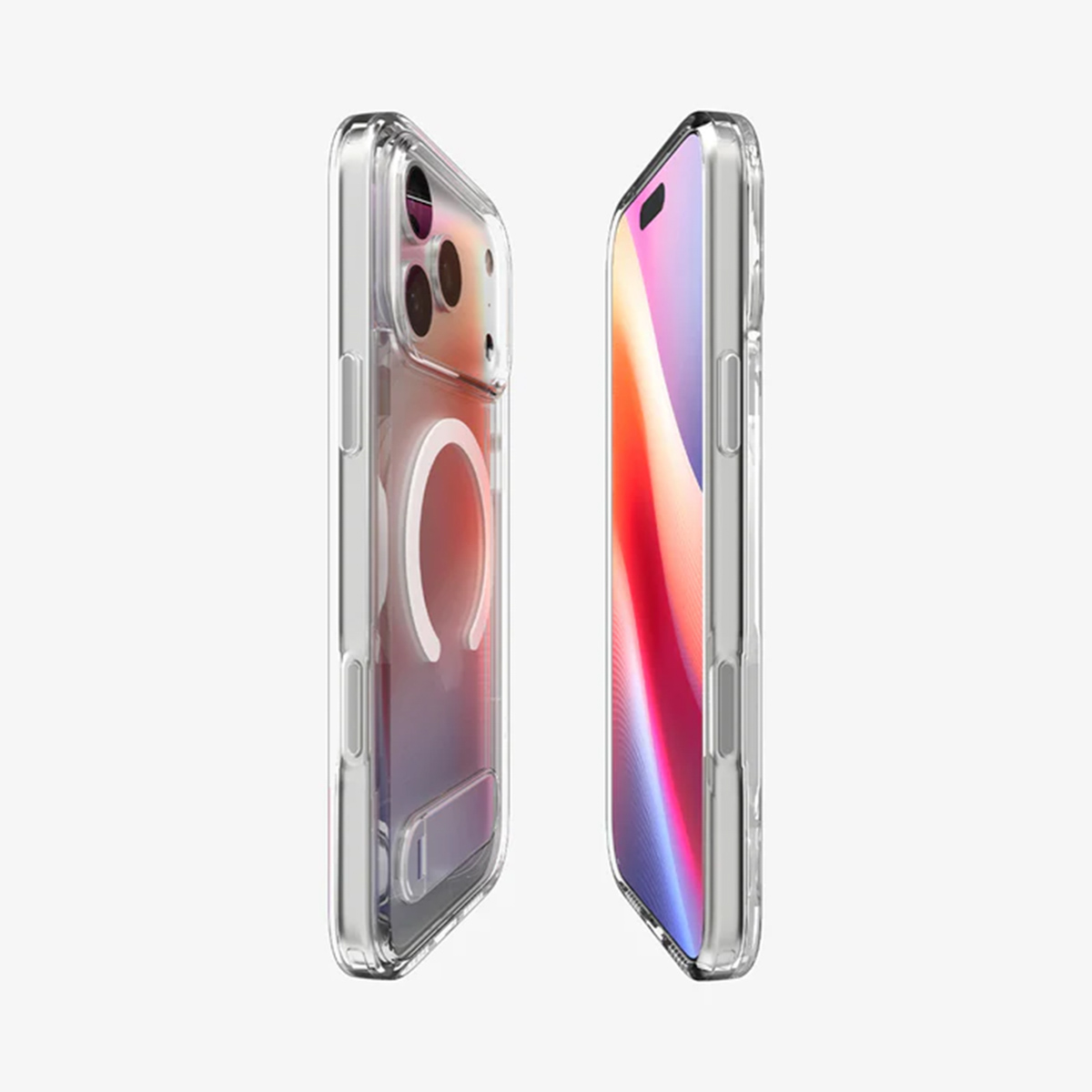Deux coques de téléphone transparentes, une avec un téléphone à l'intérieur. Les écrans affichent des images abstraites colorées. Fond blanc.