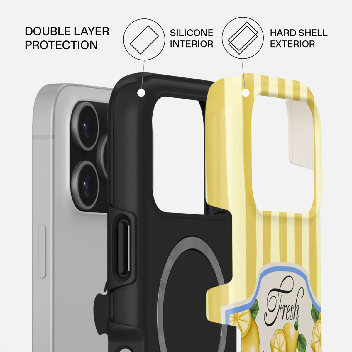 Een telefoonhoesje met drie lagen: telefoon, zwart frame en geel gestreepte hoes. De hoes heeft een 'Fresh'-label en een citroenillustratie.
