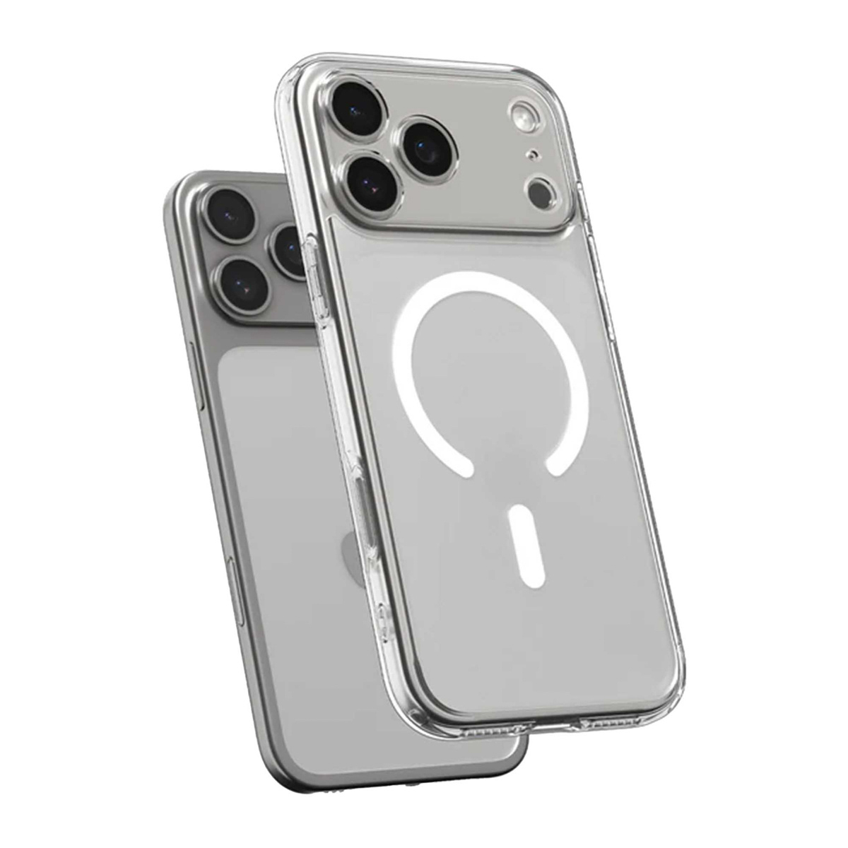 Deux coques de téléphone transparentes. L'une montre l'arrière avec des trous pour l'appareil photo, un cercle blanc et un tiret. L'autre est derrière.