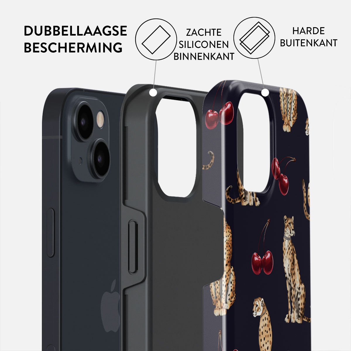 Telefoonhoesje met donkere achtergrond, luipaardprint en kersen. Het heeft een dubbellaagse bescherming, zachte siliconen binnenkant en harde buitenkant.
