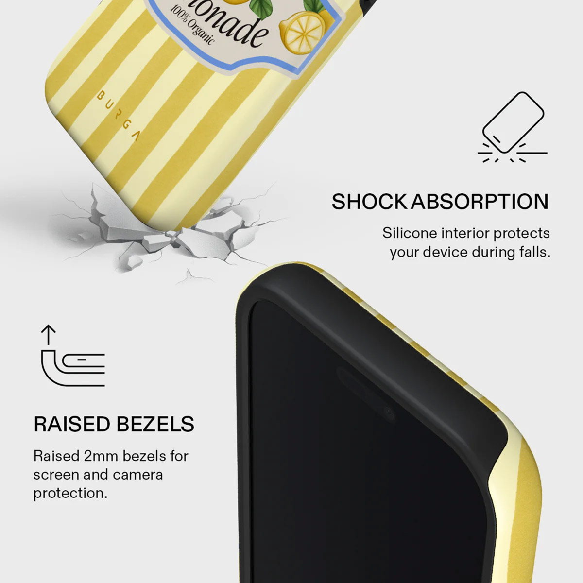 Close-up van een telefoonhoesje met een limonade-ontwerp. Kenmerken zijn verhoogde randen, schokabsorptie en de merknaam.