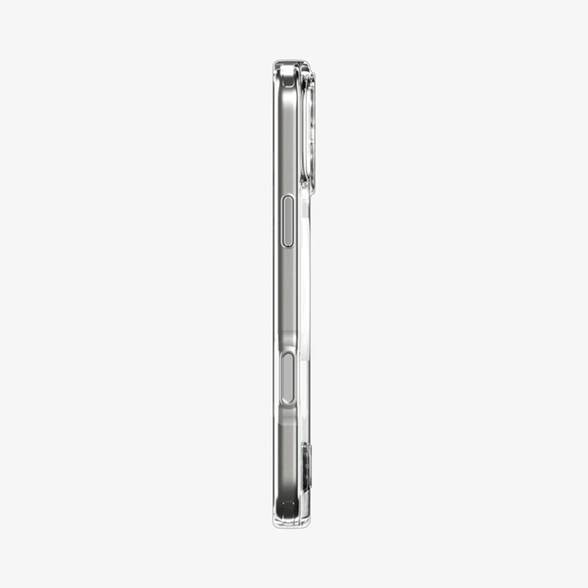 Vue latérale d'une coque de téléphone transparente. L'étui est transparent, montrant les détails du bord du téléphone, des boutons et de la zone de la caméra. Fond blanc.