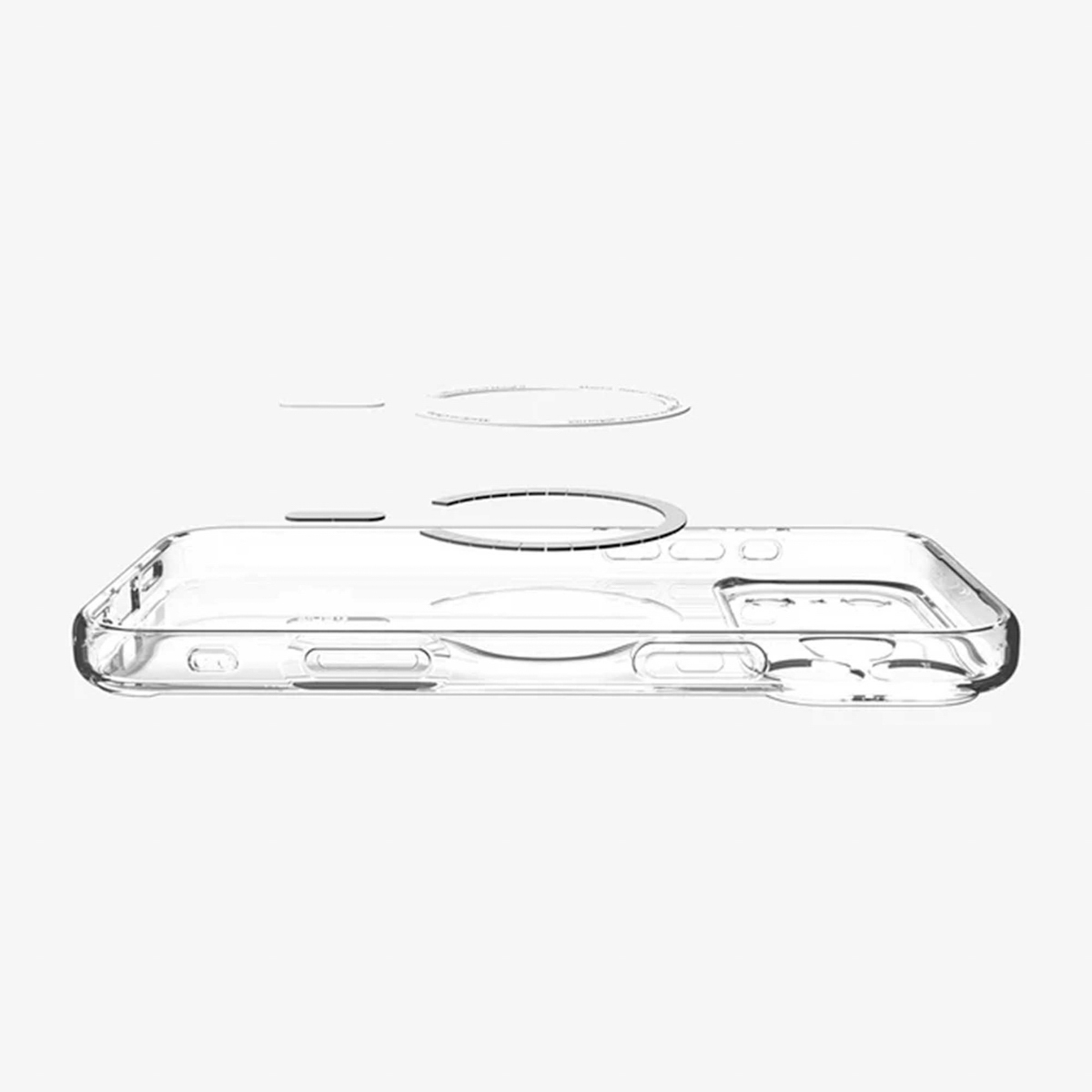 Une coque de téléphone transparente avec un anneau magnétique est montrée. La coque est sur le côté, et l'anneau est légèrement au-dessus.