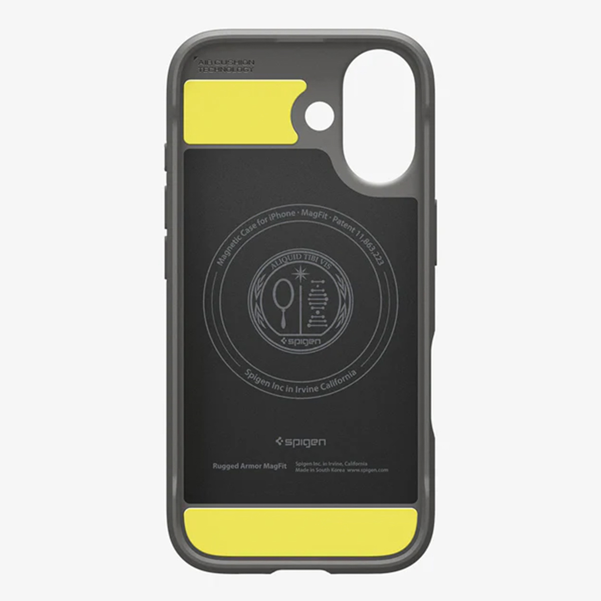 Een telefoonhoesje met een zwart midden, gele accenten en een wit Spigen-logo. Het is een Rugged Armor MagFit hoesje.