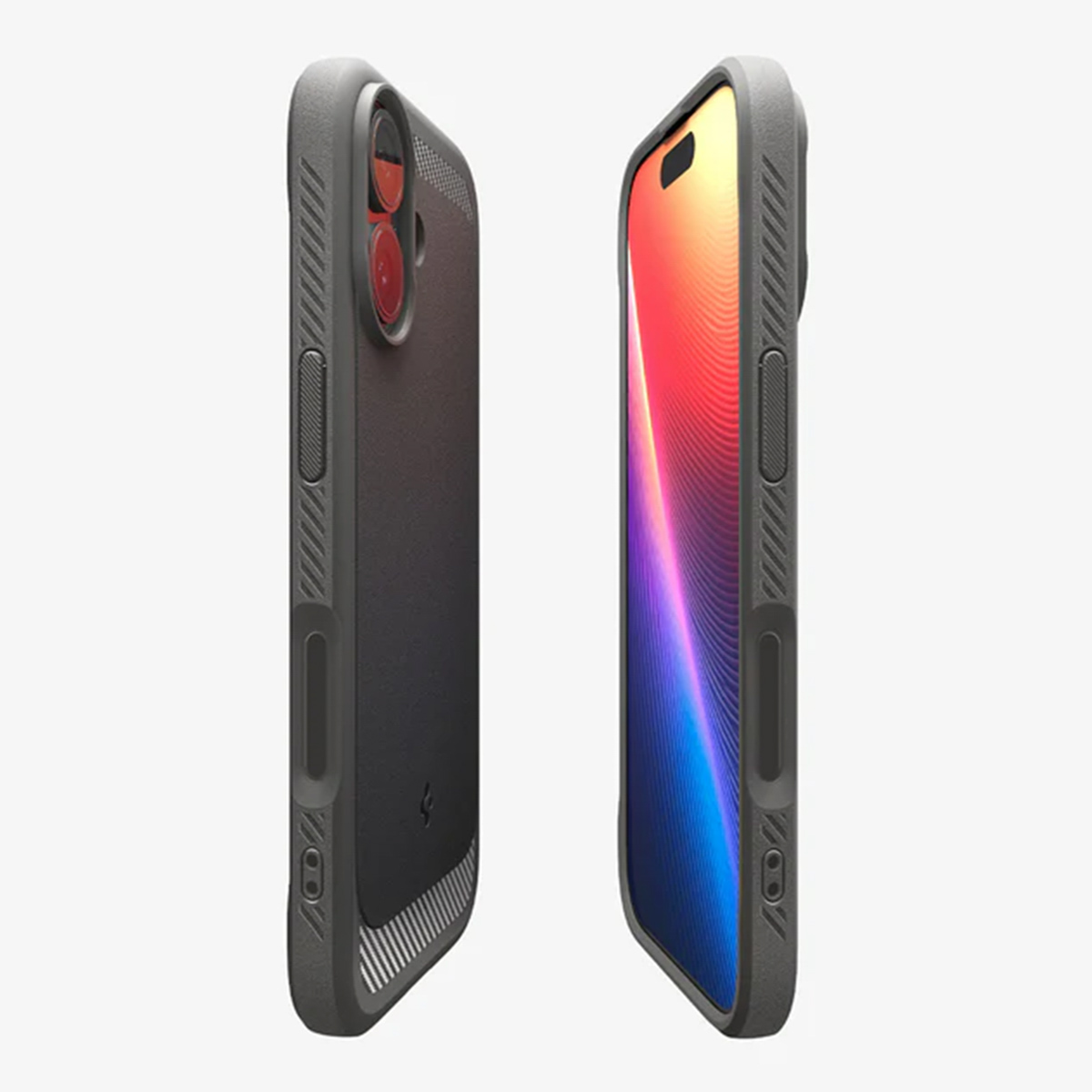 Twee grijze telefoonhoesjes, één met de camera en de andere met een kleurrijk scherm, geïsoleerd op een witte achtergrond.