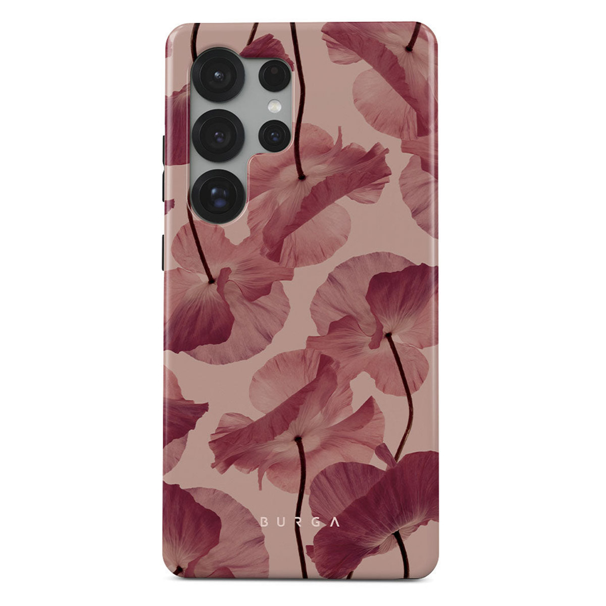 Coque de téléphone avec motif floral rose. Les fleurs dans les tons rose et bordeaux couvrent le fond rose clair. La caméra du téléphone est visible.