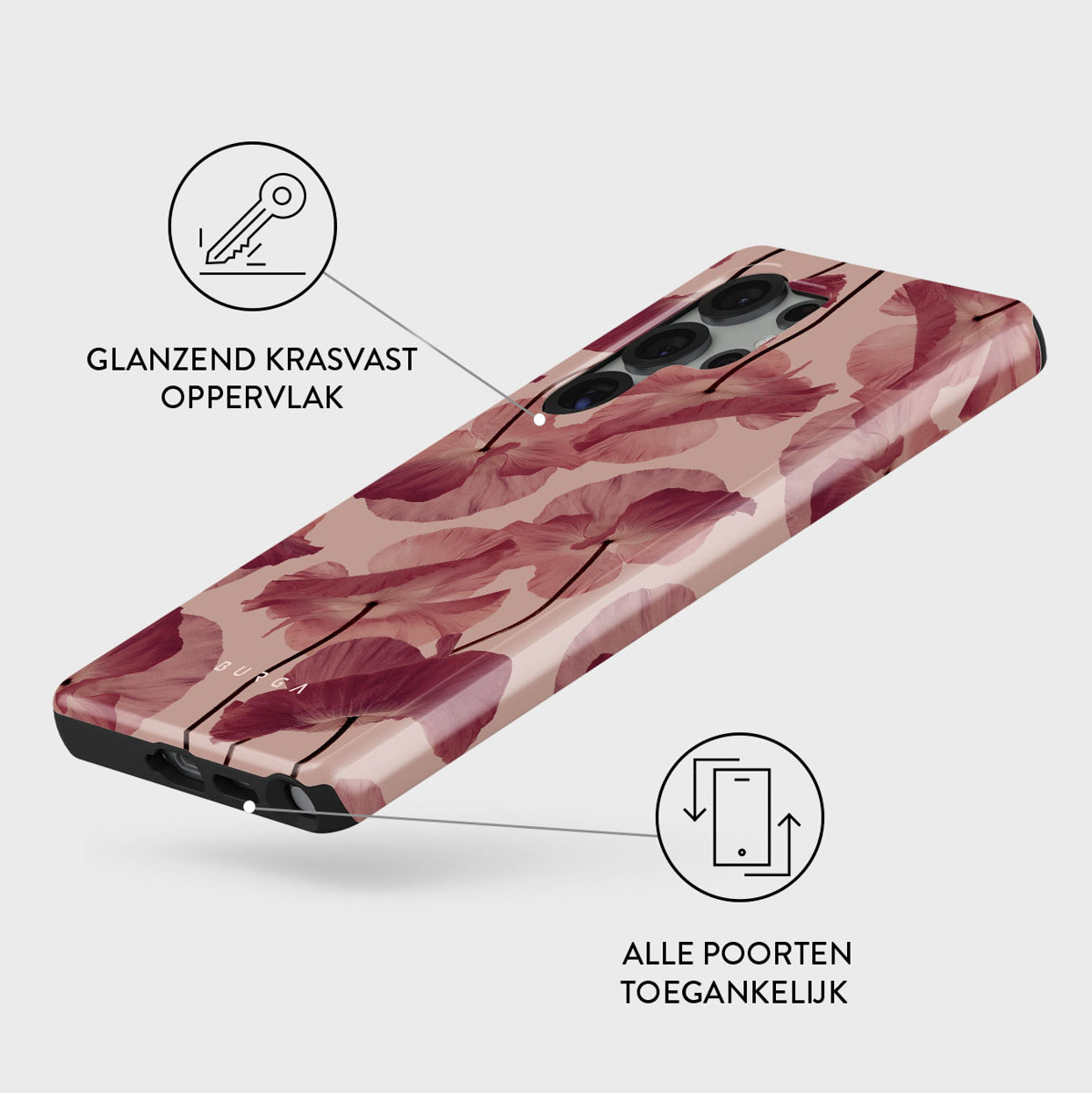 Coque de téléphone à motif floral. Elle présente une surface brillante, résistante aux rayures et des ports accessibles.