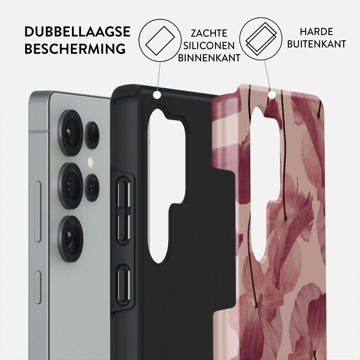Couches de coque de téléphone : téléphone, intérieur noir, extérieur floral. Texte : protection double couche, silicone souple à l'intérieur, dur à l'extérieur.