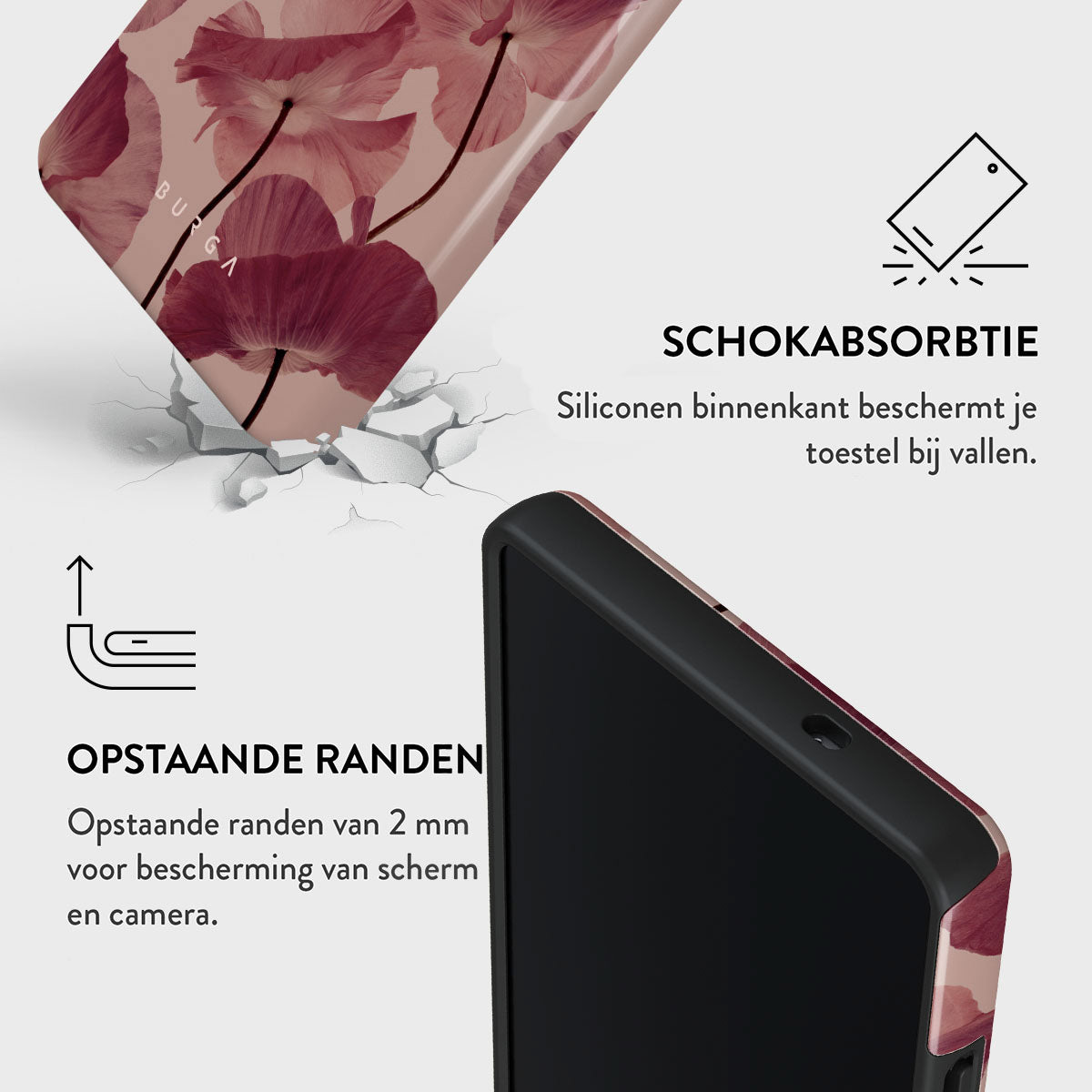 Coque de téléphone à motif floral rose. Le texte comprend 'absorption des chocs' et 'bords surélevés' pour protéger l'écran et l'appareil photo.