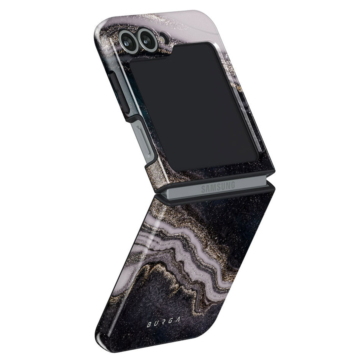 Un téléphone Samsung Galaxy Z Flip avec un étui en marbre noir et or, partiellement ouvert. Le téléphone est sur une surface blanche.