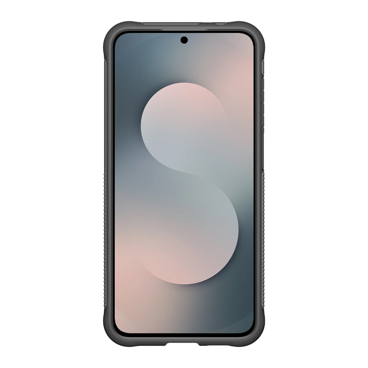 Een smartphone in een beschermhoesje. Het scherm toont een wazig ontwerp. De hoes is donkergrijs, met een getextureerde zijkant en een zwarte camerastip.