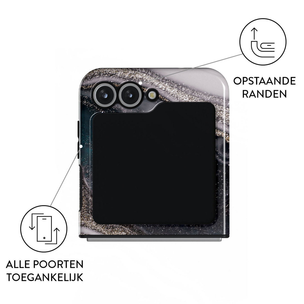 Coque de téléphone avec un motif marbré. Elle a des découpes pour l'appareil photo et une zone noire pour une carte. Texte indique bords surélevés et accès aux ports.