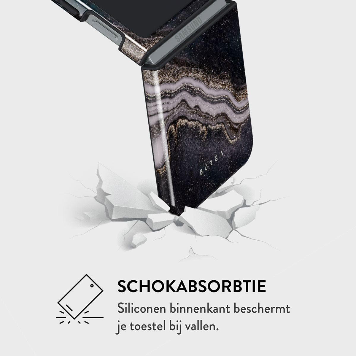 Un étui de téléphone noir et or tombe et brise une surface blanche. L'étui porte le mot BURGA et la marque SAMSUNG en haut.