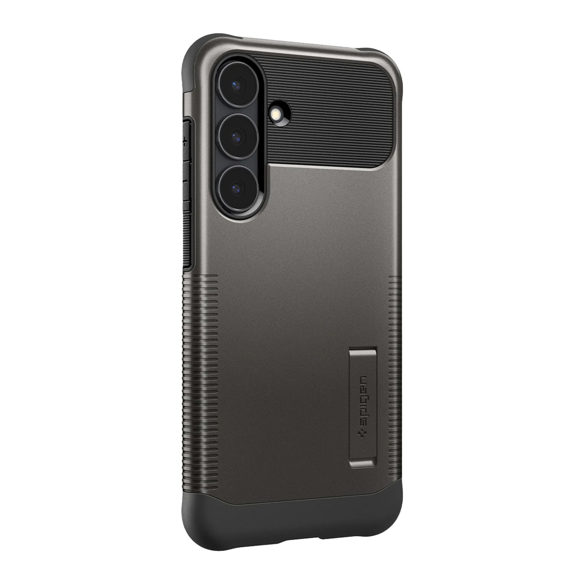 Een grijze telefoonhoes met drie cameralenzen en een standaard. De hoes heeft een getextureerde achterkant en het merk 'Spigen'.