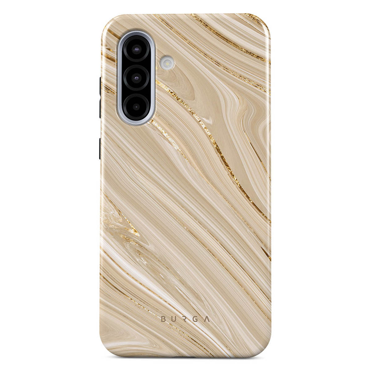 Coque de téléphone avec un design marbré. Elle présente des stries beiges et dorées, des découpes pour l'appareil photo et la marque 'BURGA' en bas.
