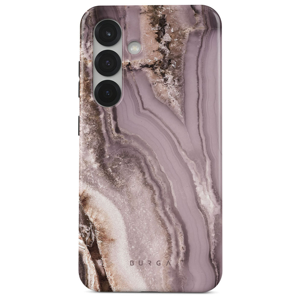 Une coque de téléphone avec un design en marbre dans des tons violets, marrons et blancs. Elle possède trois objectifs et le mot BURGA est visible.