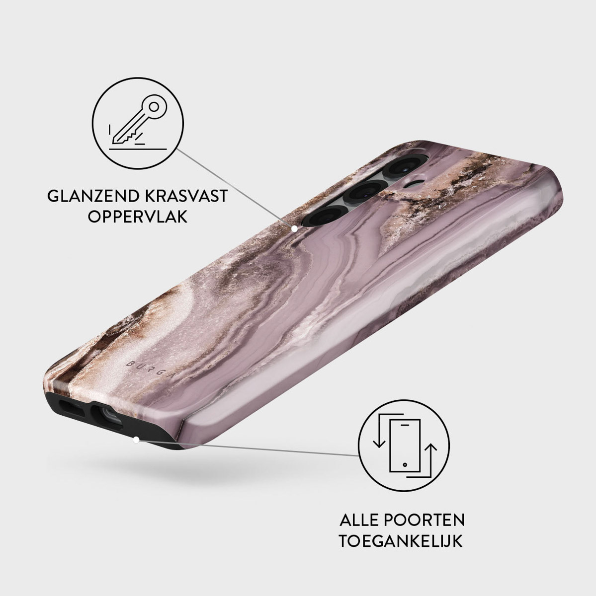 Une coque de téléphone avec un motif marbré, aux couleurs rose, marron et blanc. Elle a une surface brillante et résistante aux rayures.