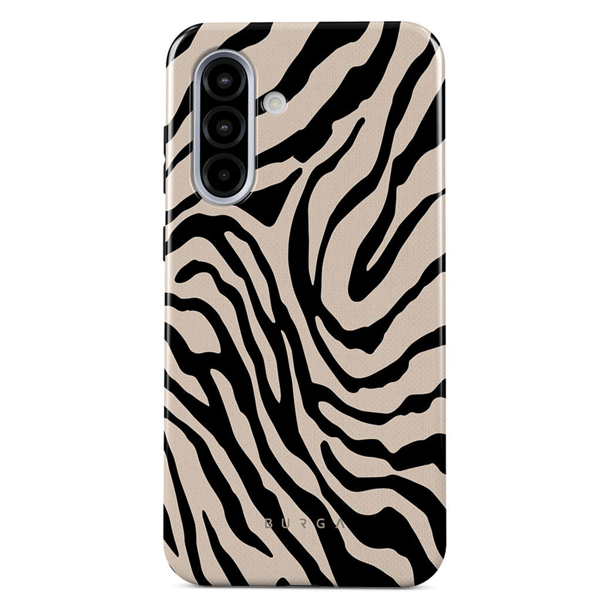 Een telefoonhoesje met een zebraprint design. De case is beige met zwarte strepen en heeft een cameramodule bovenaan.