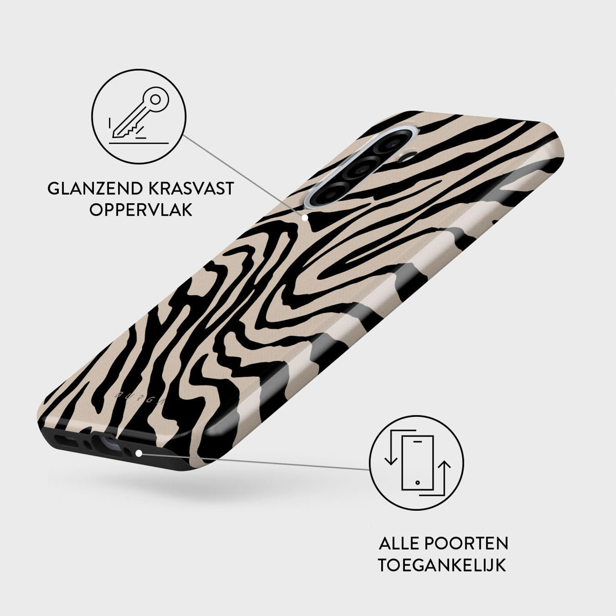 Telefoonhoesje met zebraprint. Het heeft zwarte strepen op een beige achtergrond. Tekst in het Nederlands en iconen zijn aanwezig.
