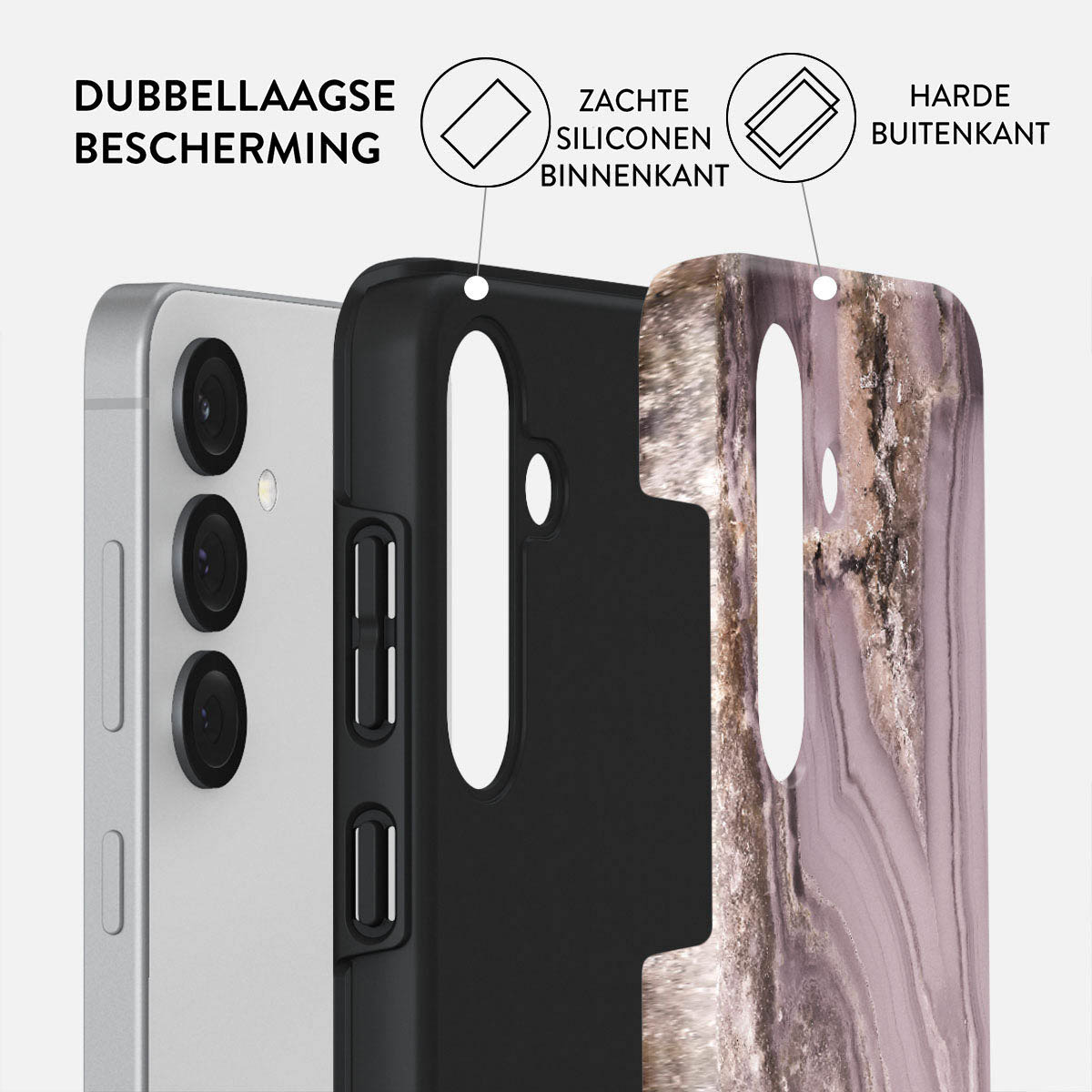 Diagramme d'un étui de téléphone avec trois couches : un téléphone, un étui intérieur noir et un étui extérieur à motif marbré, avec des étiquettes.