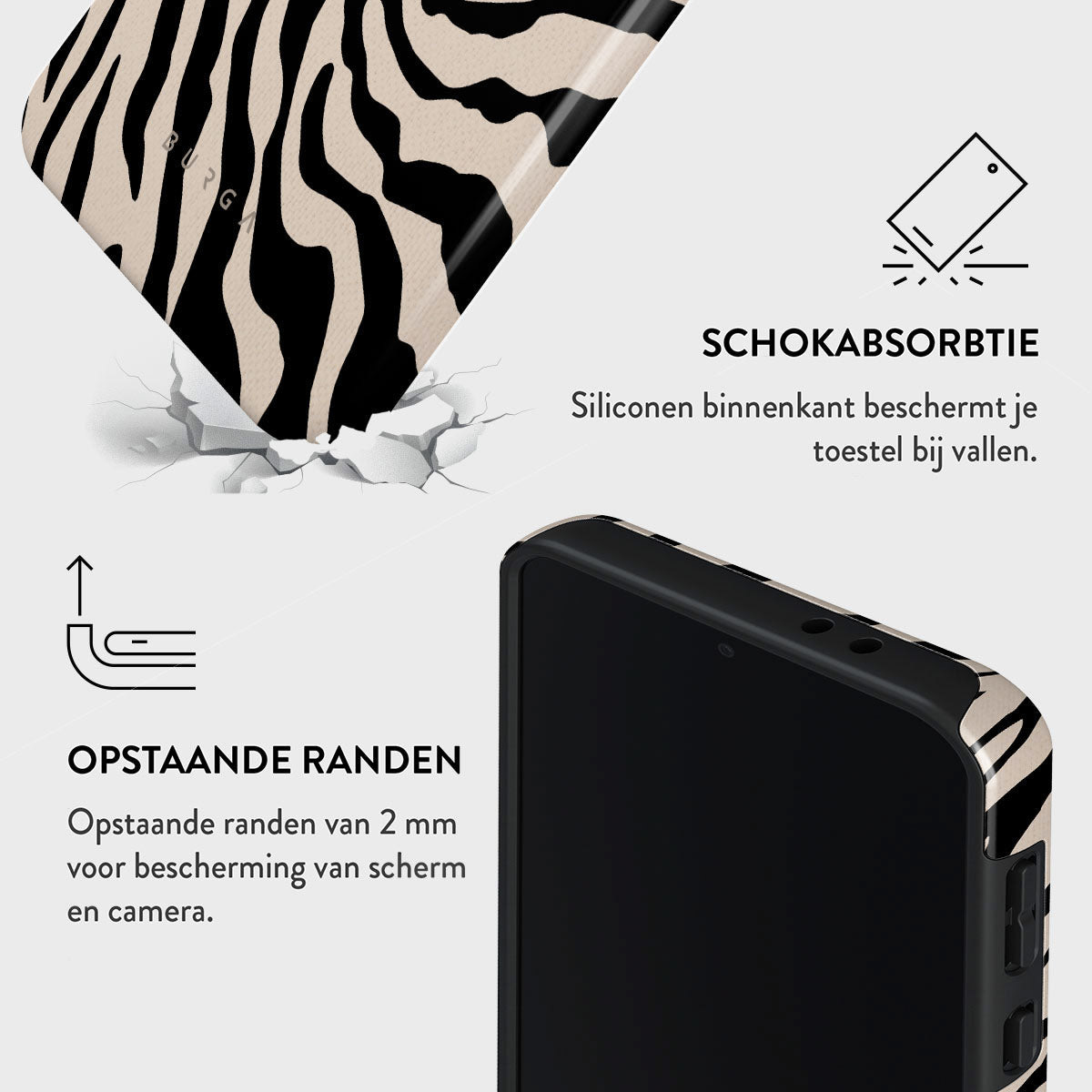 Een telefoonhoesje met zebraprint, met beschermende eigenschappen. Het scherm van de telefoon is zwart.