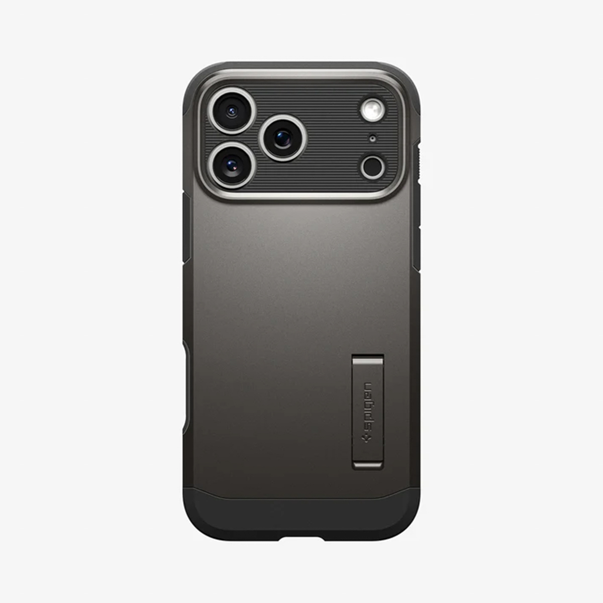 Una custodia per telefono grigio scuro con più lenti per fotocamera e un cavalletto. La custodia ha una parte superiore strutturata e un retro liscio.