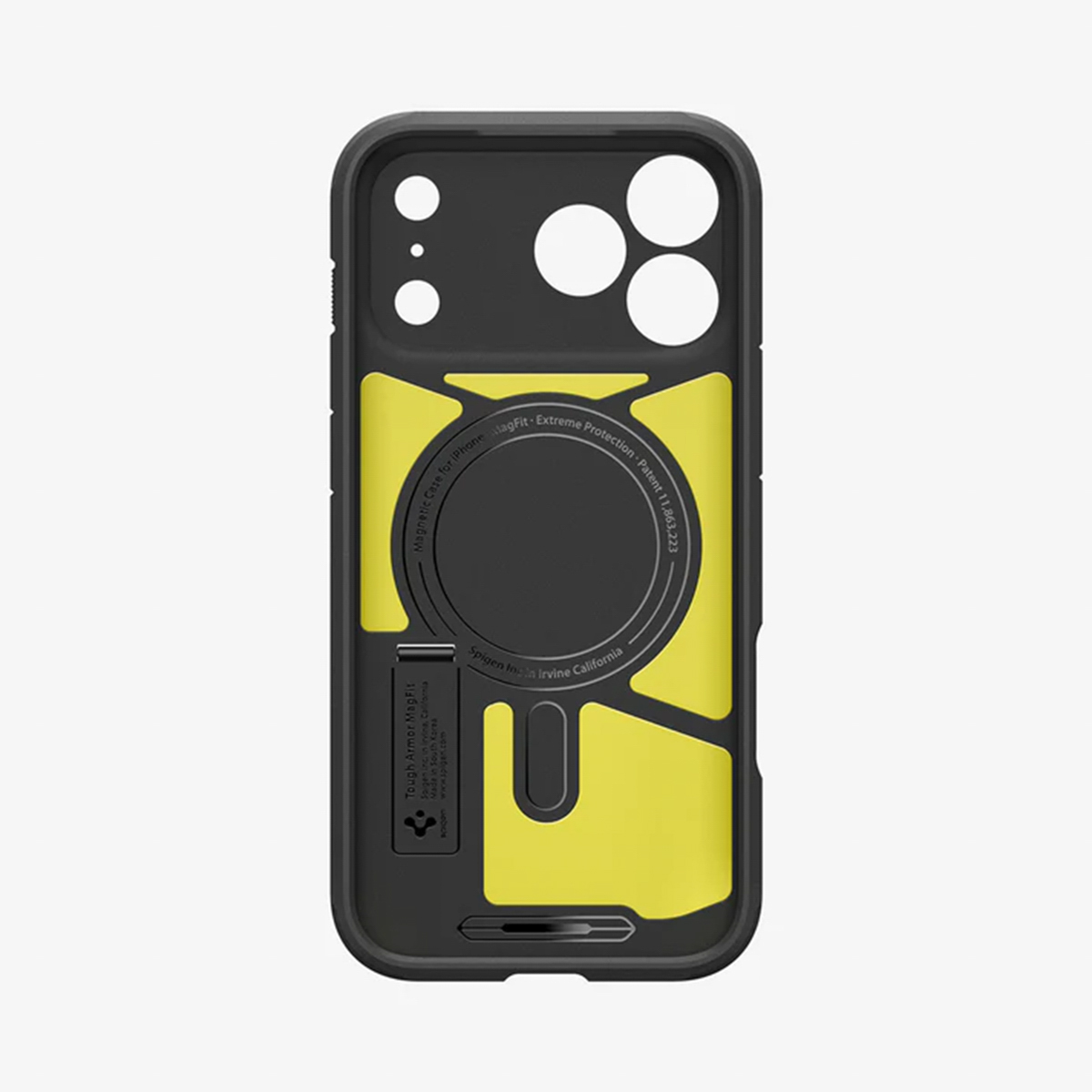 Una custodia per iPhone nera e gialla con marchio MagFit e Tough Armor. Include ritagli per fotocamera e un design con supporto.