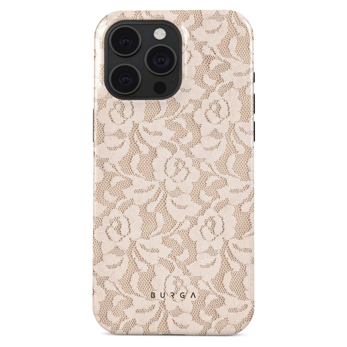 Une coque de téléphone avec un motif de dentelle florale. La coque est beige avec un motif de fleurs blanches. L'appareil photo est noir.