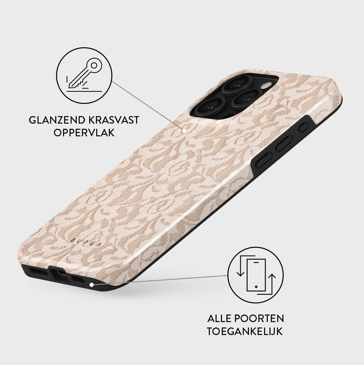 Une coque de téléphone avec un motif floral beige. Elle a une bordure noire et est sur fond blanc. Il y a des icônes et du texte autour.