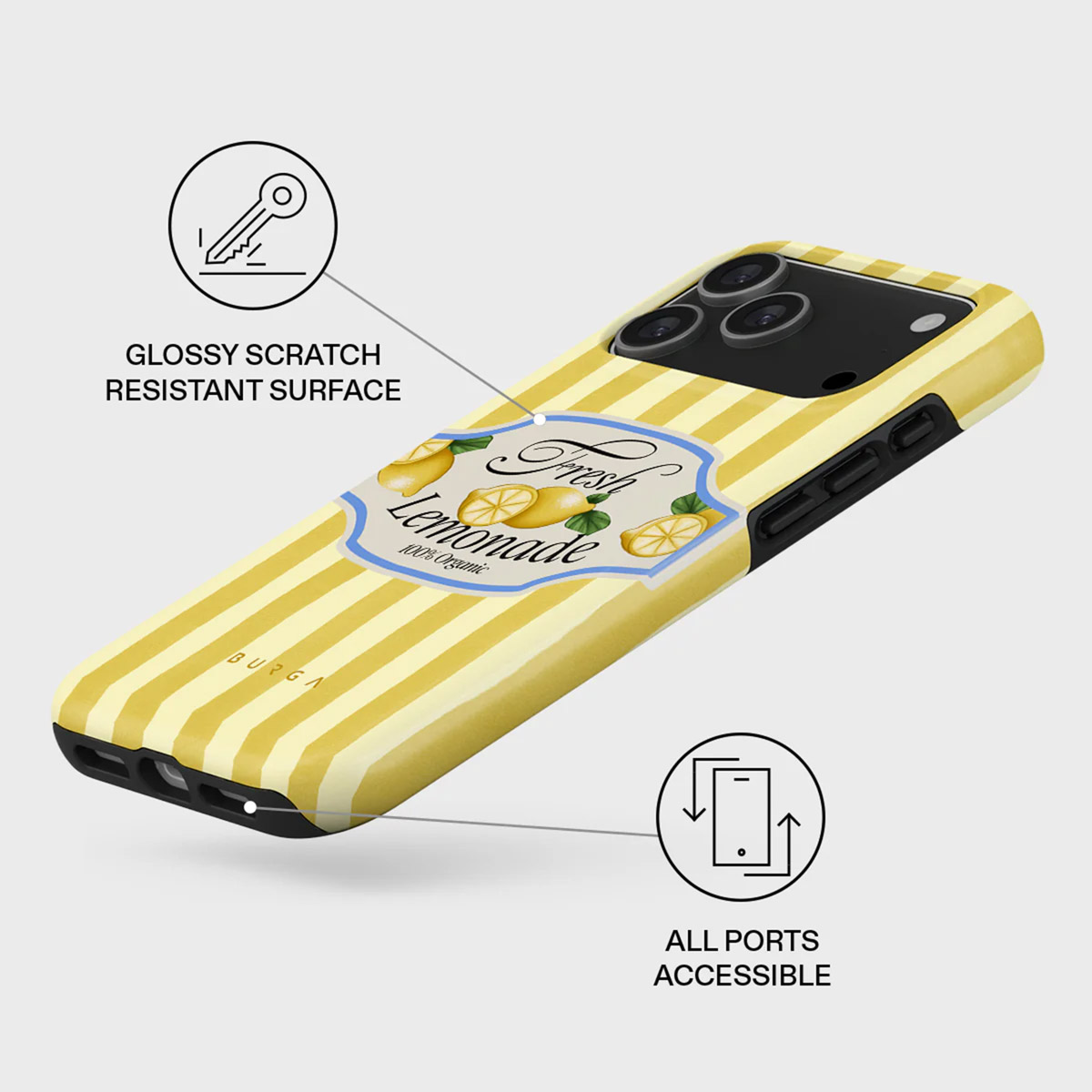 iPhone hoesje met gele strepen en een limonade label. Sleutel- en telefoon iconen tonen krasbestendigheid en poorttoegang.