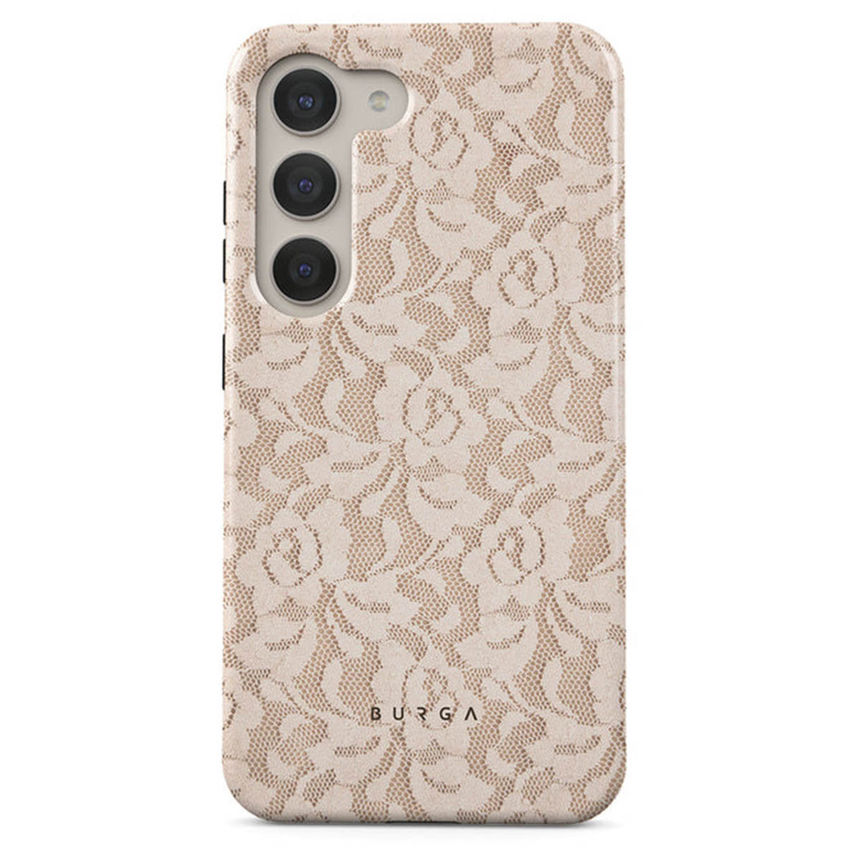 Une coque de téléphone beige avec un motif de dentelle. La coque a trois lentilles de caméra et le logo BURGA en bas.