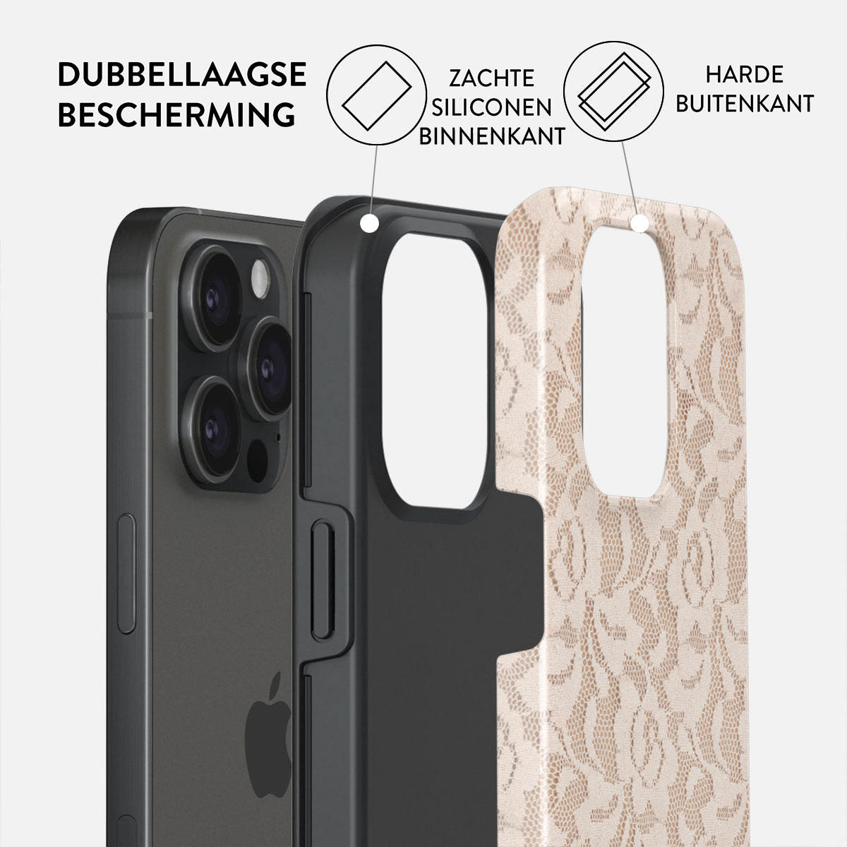 Un iPhone avec une coque de protection. La coque a une couche interne en silicone souple et une couche externe dure.