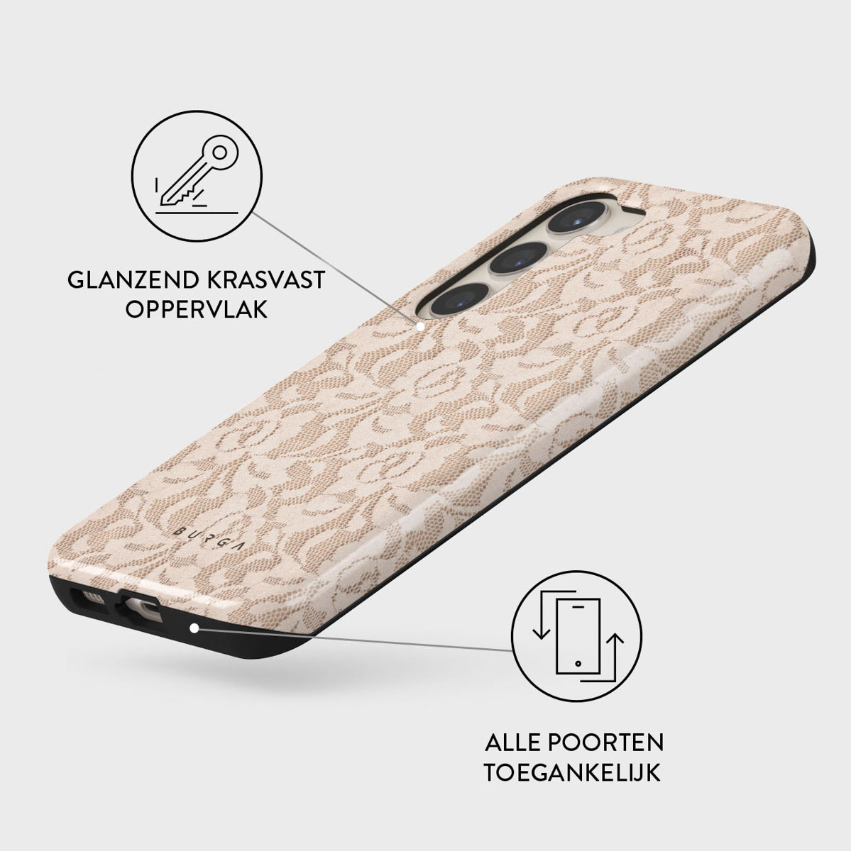 Une coque de téléphone avec un motif floral beige, des bords noirs et une protubérance pour l'appareil photo. Texte en néerlandais.