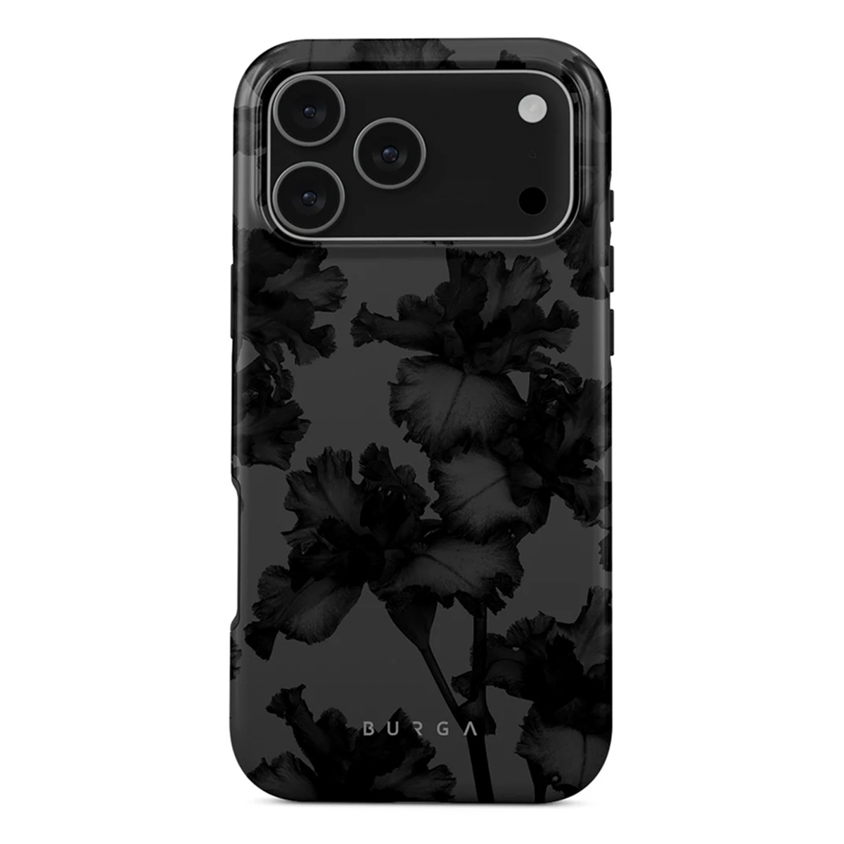 Zwarte telefoonhoes met bloemenpatroon. Beschikt over een cameramodule. Het merk "BURGA" is onderaan zichtbaar.
