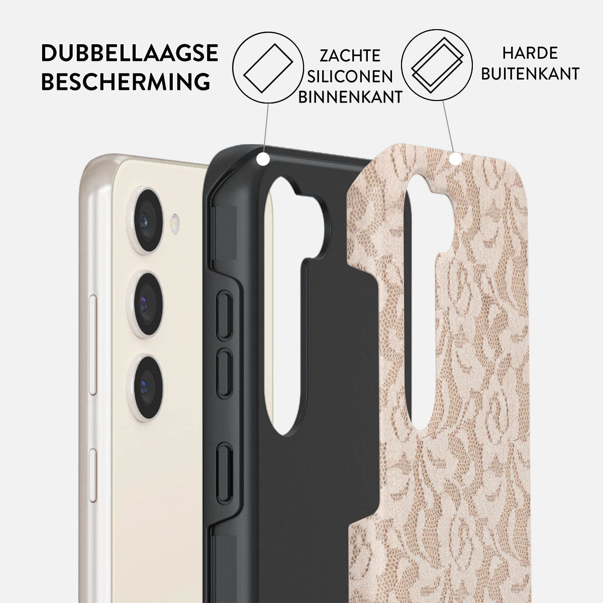 Coque de téléphone à protection multicouche. Elle a une couche interne en silicone souple et une couche externe dure, avec un motif floral.