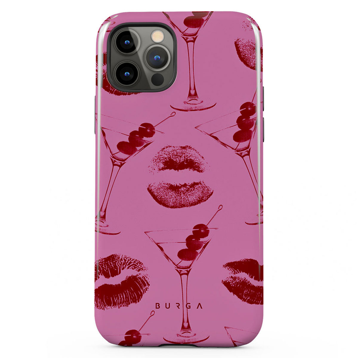 Roze telefoonhoesje met herhaalde patronen van rode martiniglazen, lippen en kersen. De merknaam BURGA staat onderaan.
