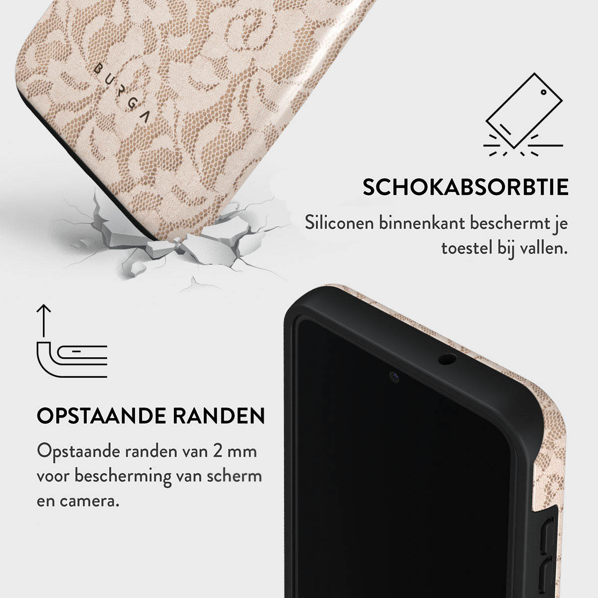 Une coque de téléphone avec un motif floral beige. Le texte décrit l'absorption des chocs, les bords surélevés pour la protection de l'écran et de la caméra.