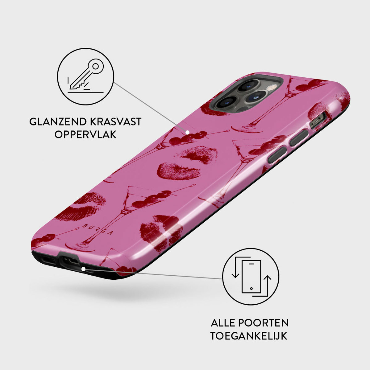 Roze telefoonhoesje met martiniglazen en lippenafdrukken. Witte cirkels met tekst en iconen beschrijven functies.