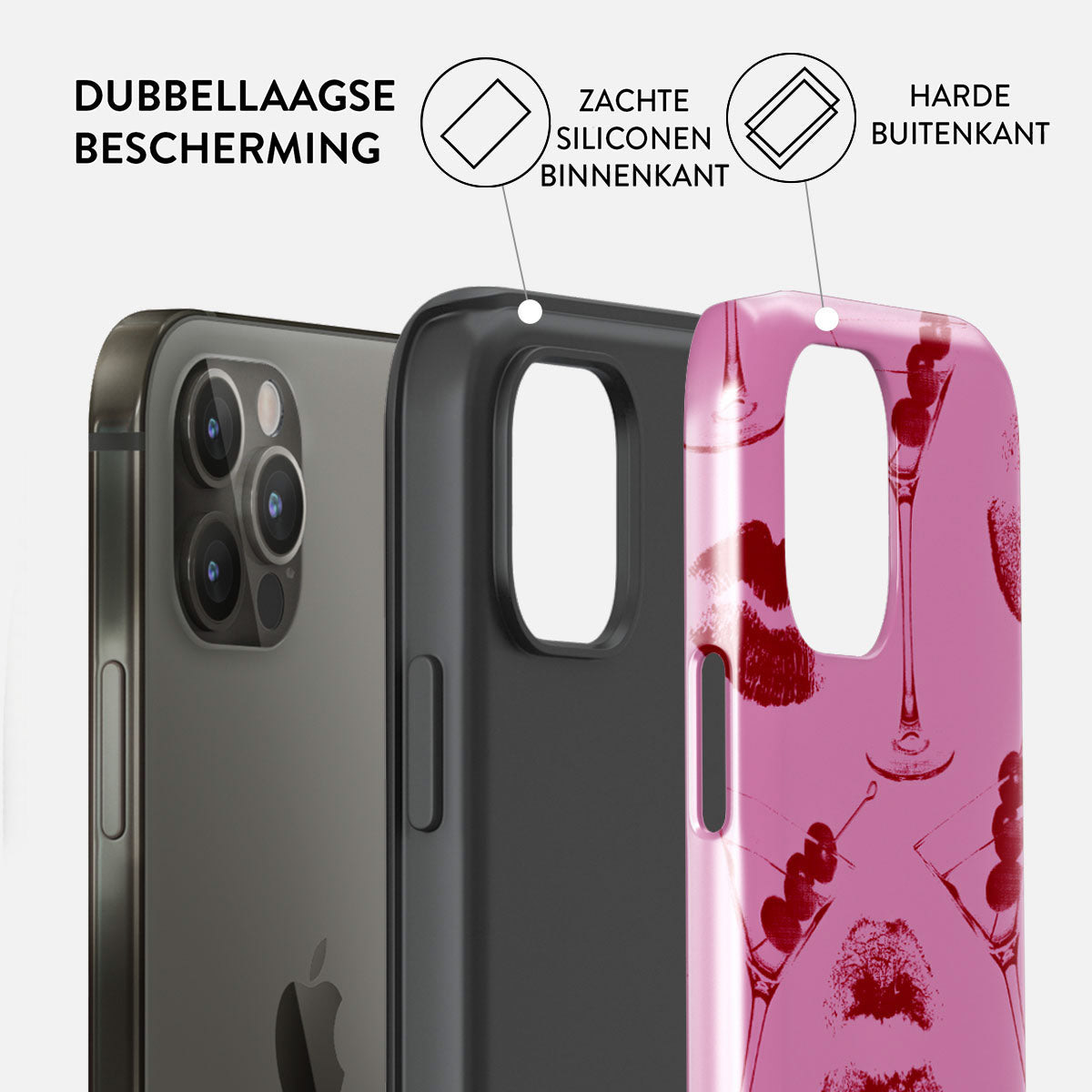 Een telefoon met een beschermhoesje. De hoes is roze, met martiniglazen en lipafdrukken. De telefoon is zwart en de hoes wordt in lagen getoond.