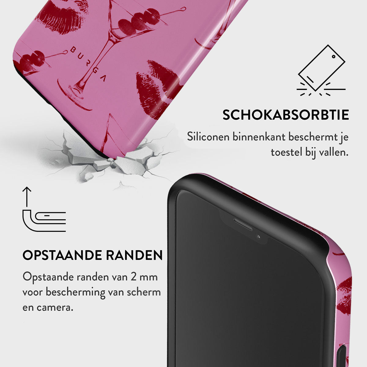 Roze telefoonhoesje met lippenstift- en cocktailontwerpen. Toont beschermende eigenschappen en een zwarte telefoon. Tekst in het Nederlands.