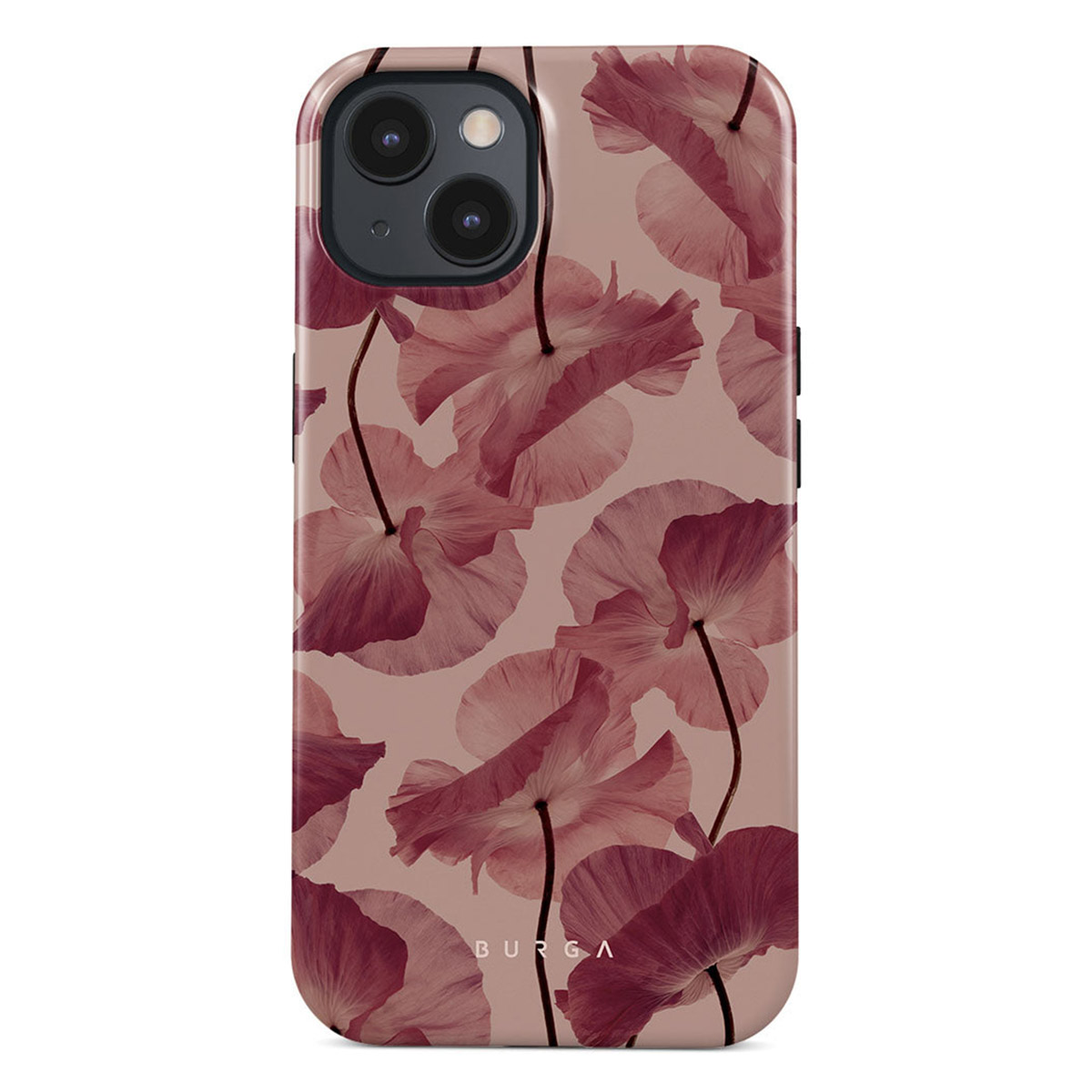 Telefoonhoesje met roze bloemenontwerp. Bloemen zijn doorschijnend met donkere stelen, tegen een lichtroze achtergrond.