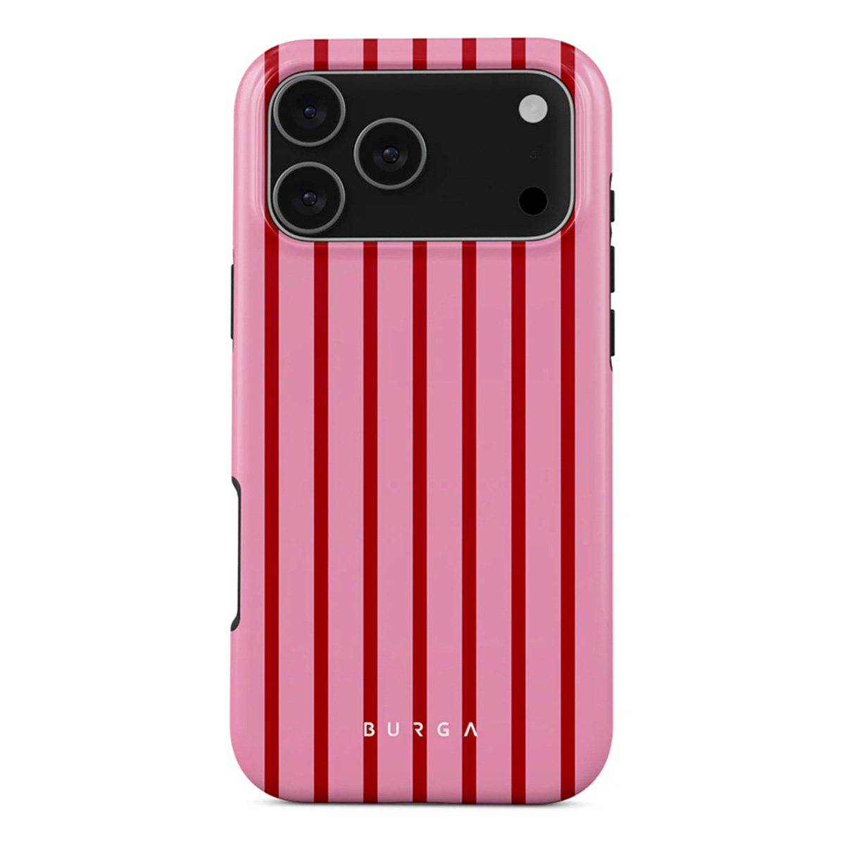 Een roze telefoonhoesje met verticale rode strepen. Het heeft drie camera's en een flitser. De merknaam 'BURGA' staat onderaan.
