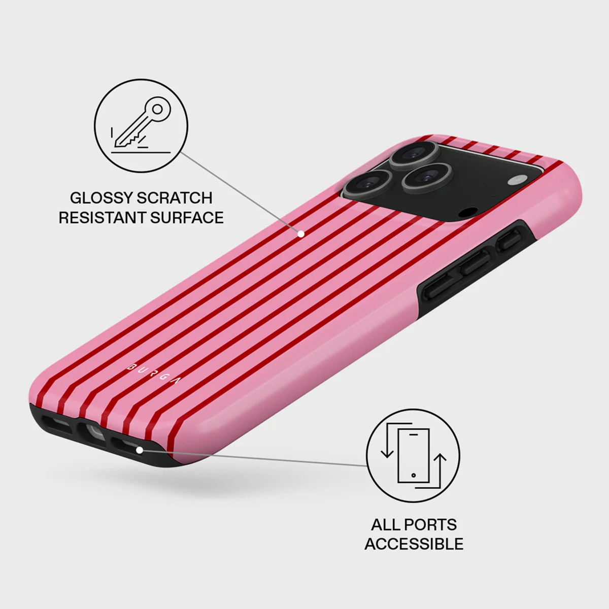 Een roze telefoonhoesje met rode strepen. De hoes is glanzend. Tekst: 'Glossy Scratch Resistant Surface' en 'All Ports Accessible'.