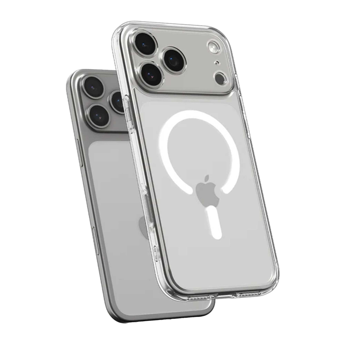 Deux coques transparentes pour iPhone. L'une est devant l'autre, montrant le logo Apple et les détails de l'appareil photo.