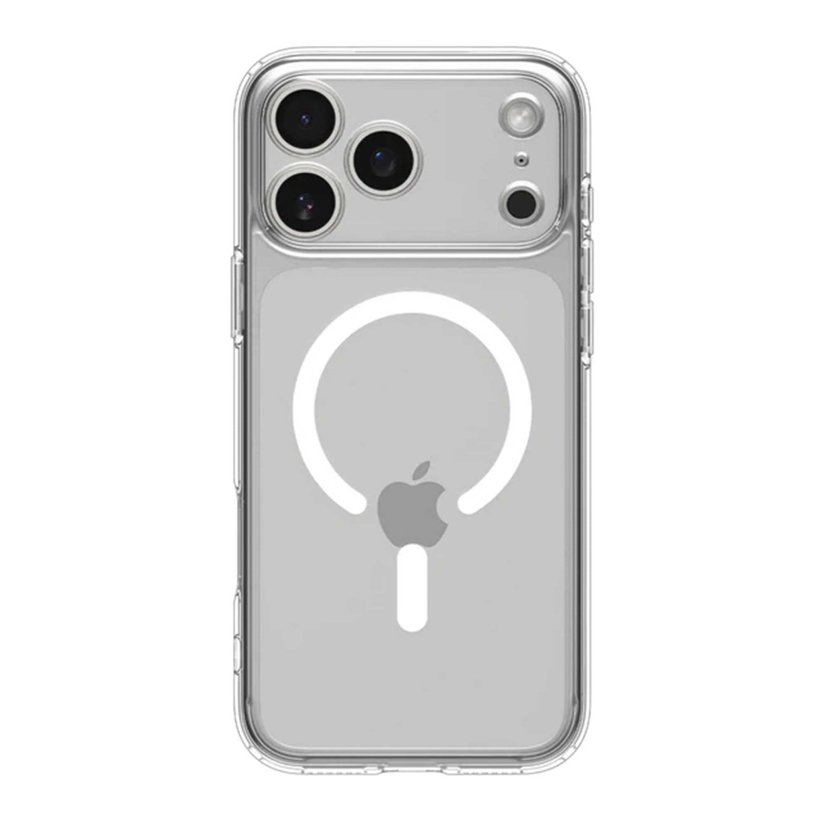 Coque de téléphone transparente avec découpes pour caméra, anneau magnétique blanc et logo Apple.