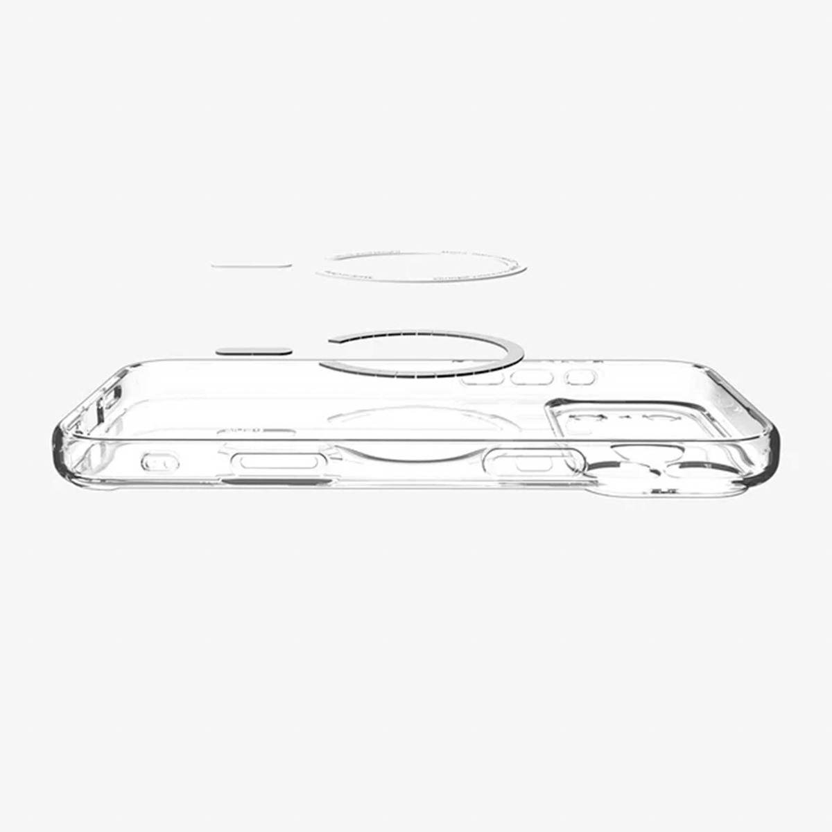 Une coque de téléphone transparente avec un élément circulaire flottant au-dessus, sur fond blanc. La coque a des découpes.