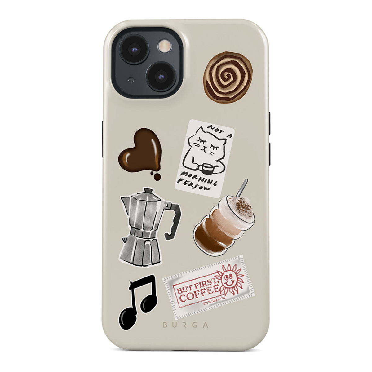 Telefoonhoesje met stickers met koffiethema. Inclusief een koffiepot, hart, muzieknoot en een 'But first, coffee' stempel.